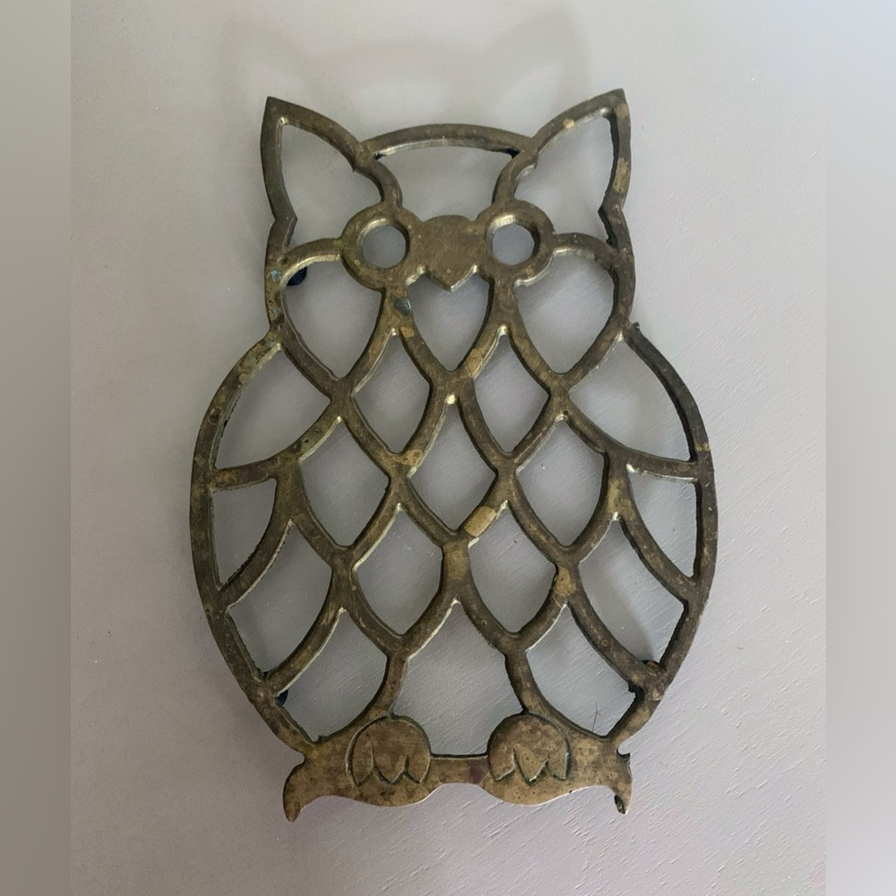 Vintage Brass Owl Trivet Decorative Hot Plate Accent Piece